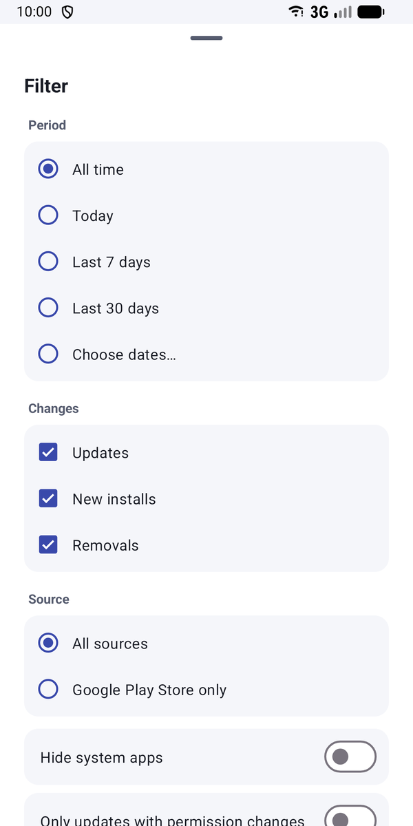 Filter by period, type of change and source