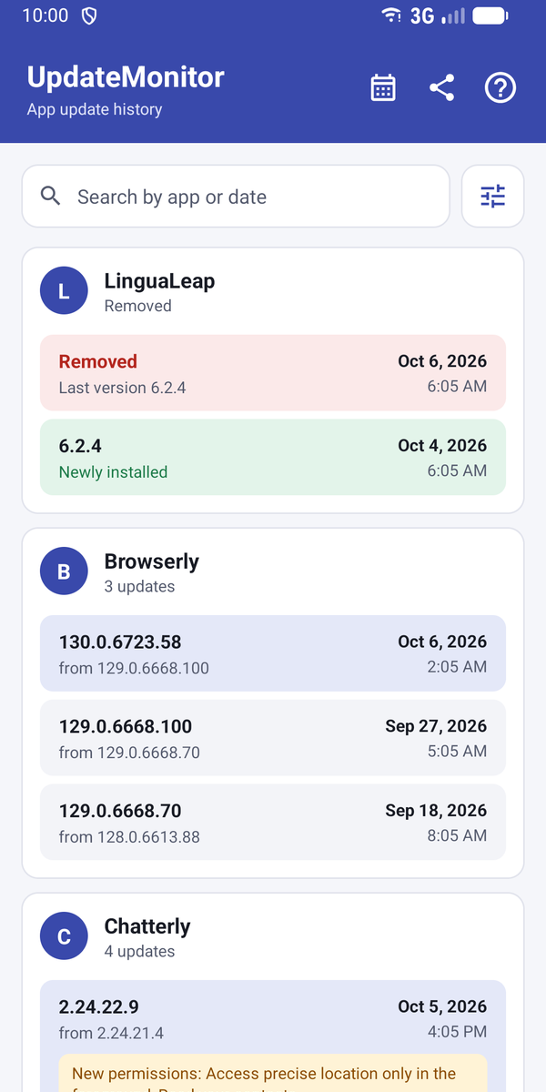 UpdateMonitor history with updates, installs and removals